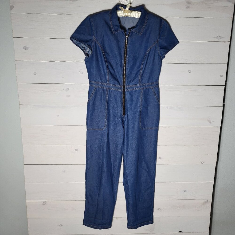 Denim Cotton Jumpsuit Zip Up Wide Straight Leg Utility Blue Romper